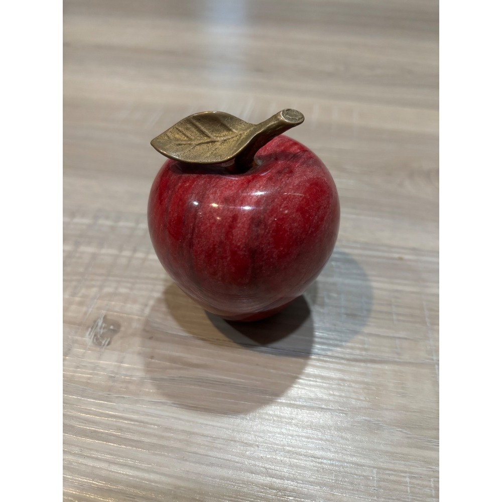 Vintage Red Marble Apple Paperweight Brass Stem Leaf Desk Decor Ornament